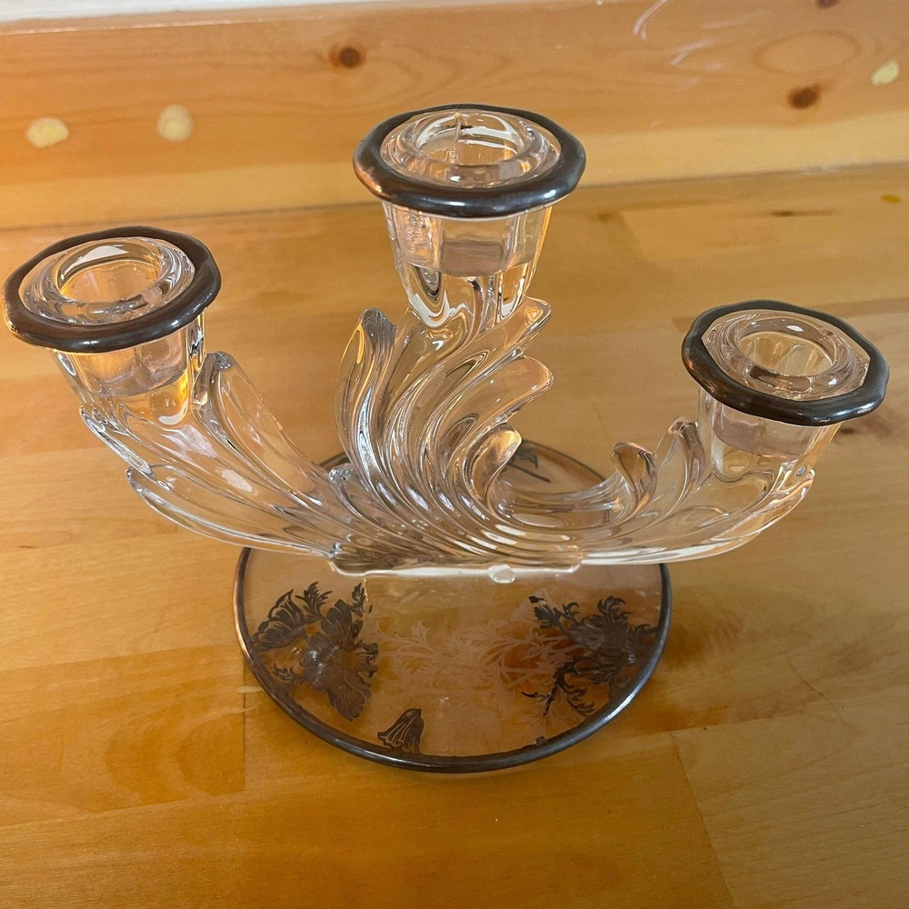 VTG Glass Candelabra Silver Tone Base Floral Etching 3 Arm Candlestick Holder‎